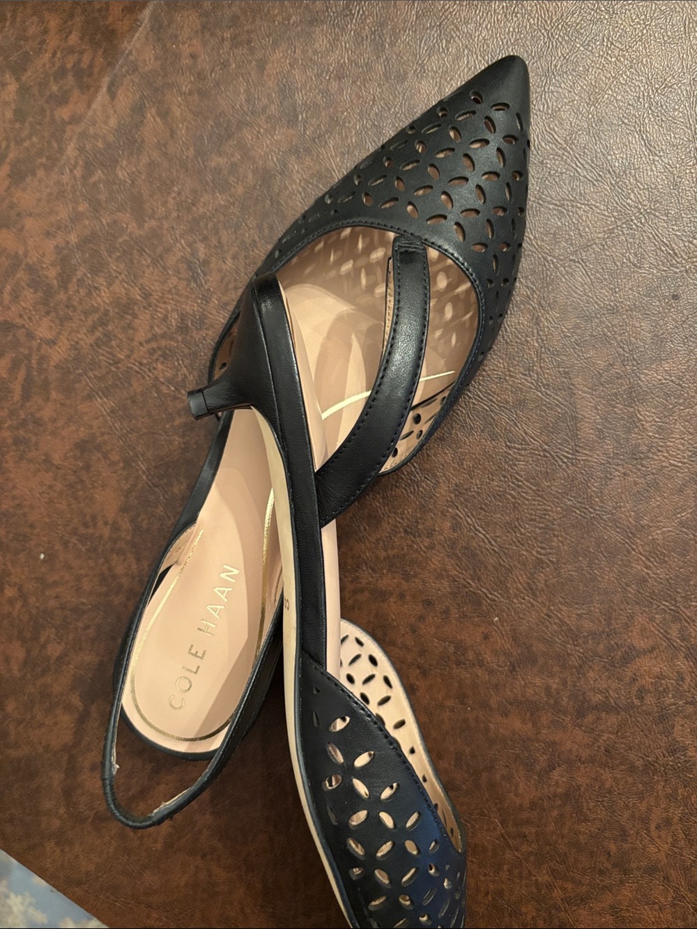 Cole Haan Black Laser-Cut Pointed Slingback Mules - Picture 4 of 5